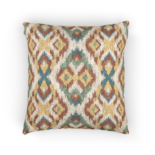 A front view of the Boho Multicolored Arrow Ikat Woven Pillow showing an arrow ikat pattern in a dark terracotta, dark sage, abstract teal and mustard yellow on a beige background. 