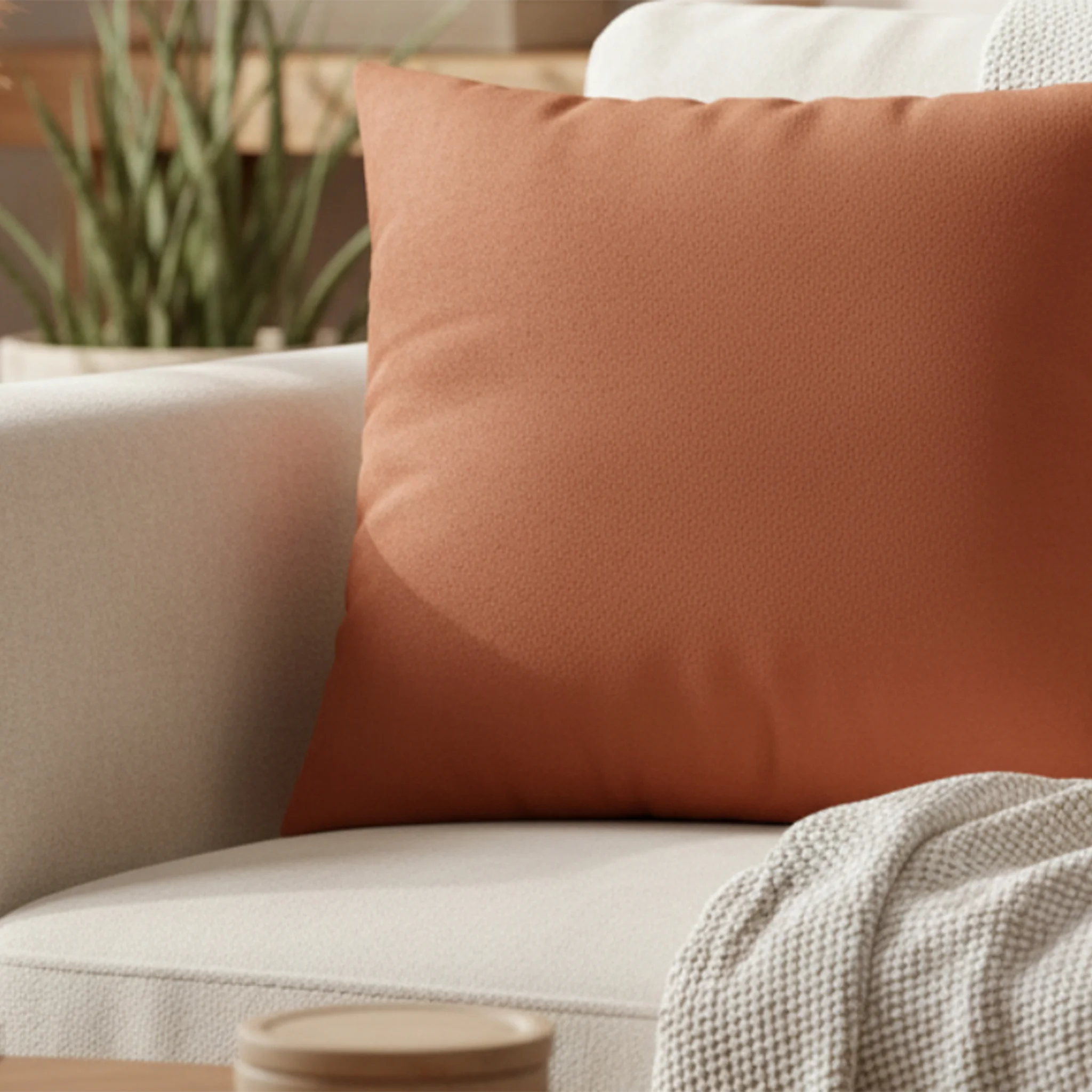 Boho Rust faux suede pillow case styled on a couch in a modern living room.
