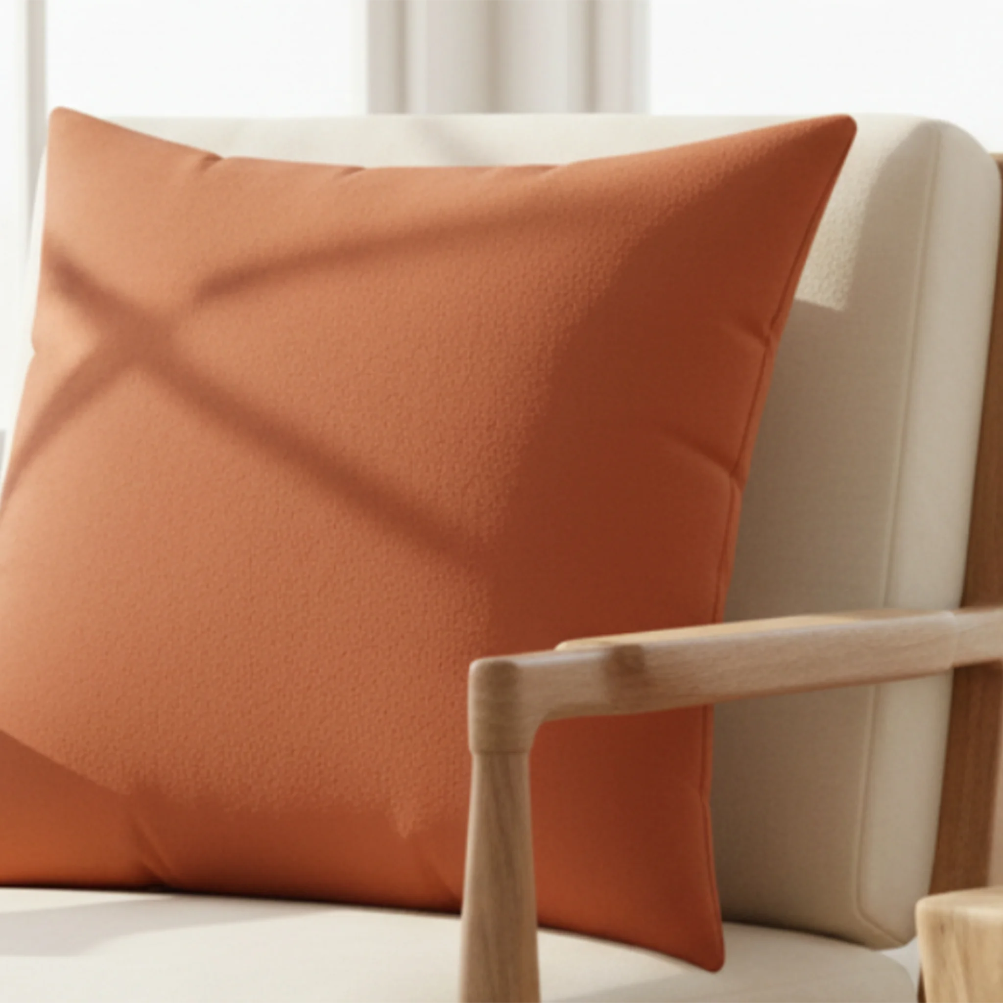 Boho rust faux suede pillow styled on sofa, warm rust boho home decor.