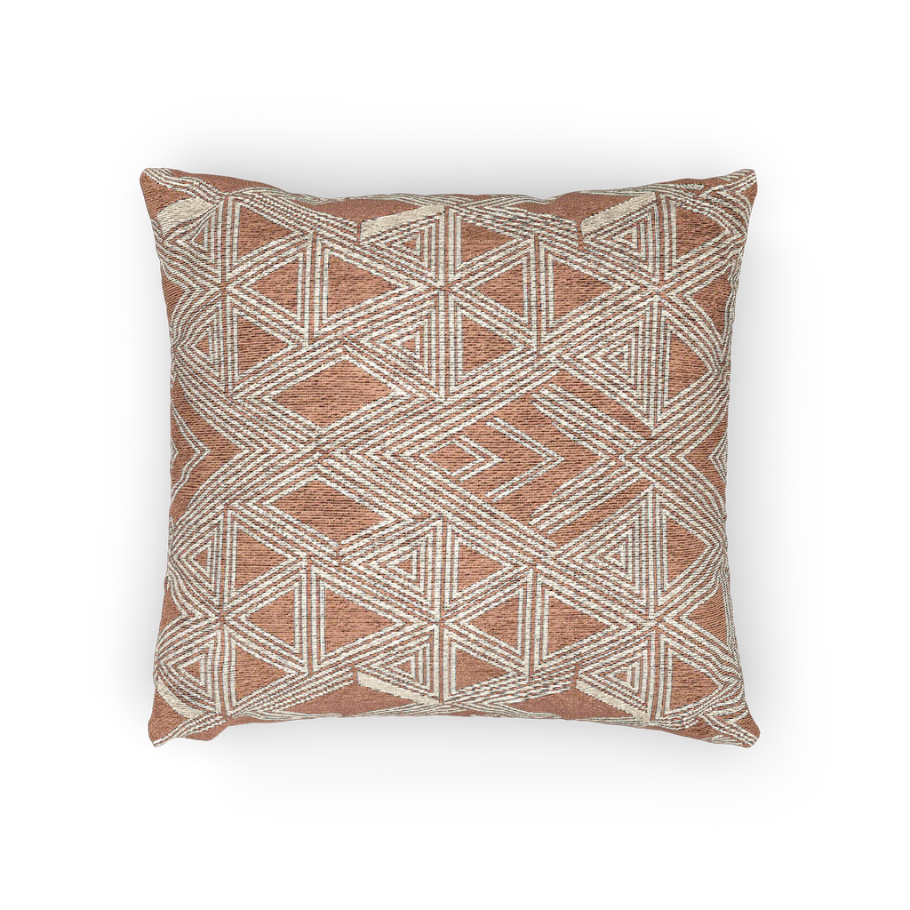 A horizontal view of the Boho Salmon Red Geometric Woven Pillow showing a salmon background and ivory ikat geometric patterns. 