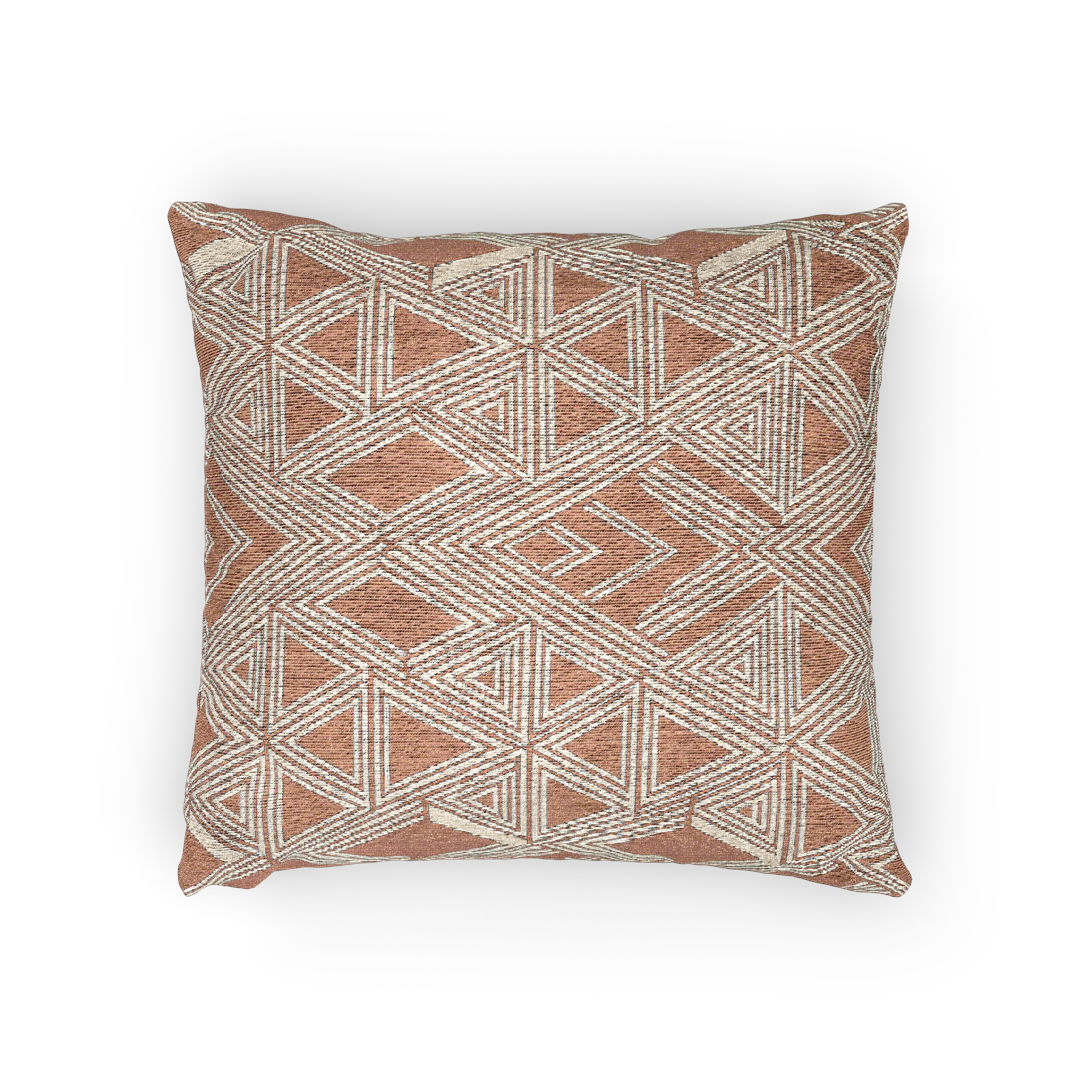 A horizontal view of the Boho Salmon Red Geometric Woven Pillow showing a salmon background and ivory ikat geometric patterns. 