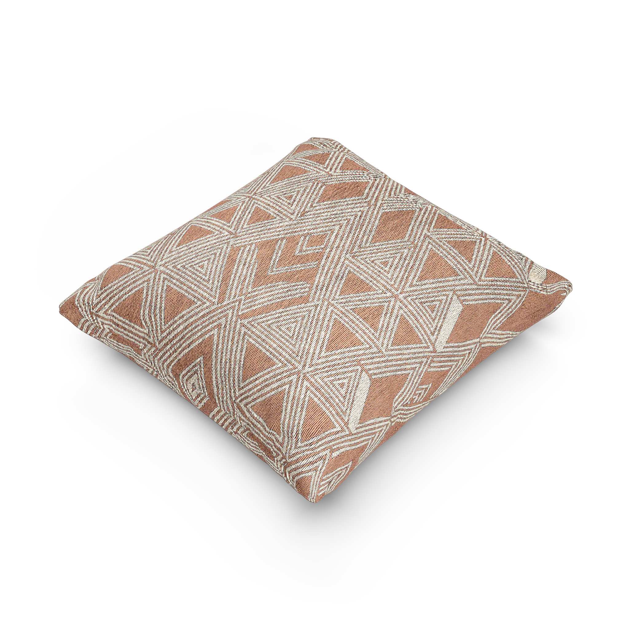 A side view of the Boho Salmon Red Geometric Woven Pillow showing a salmon background and ivory ikat geometric patterns. 