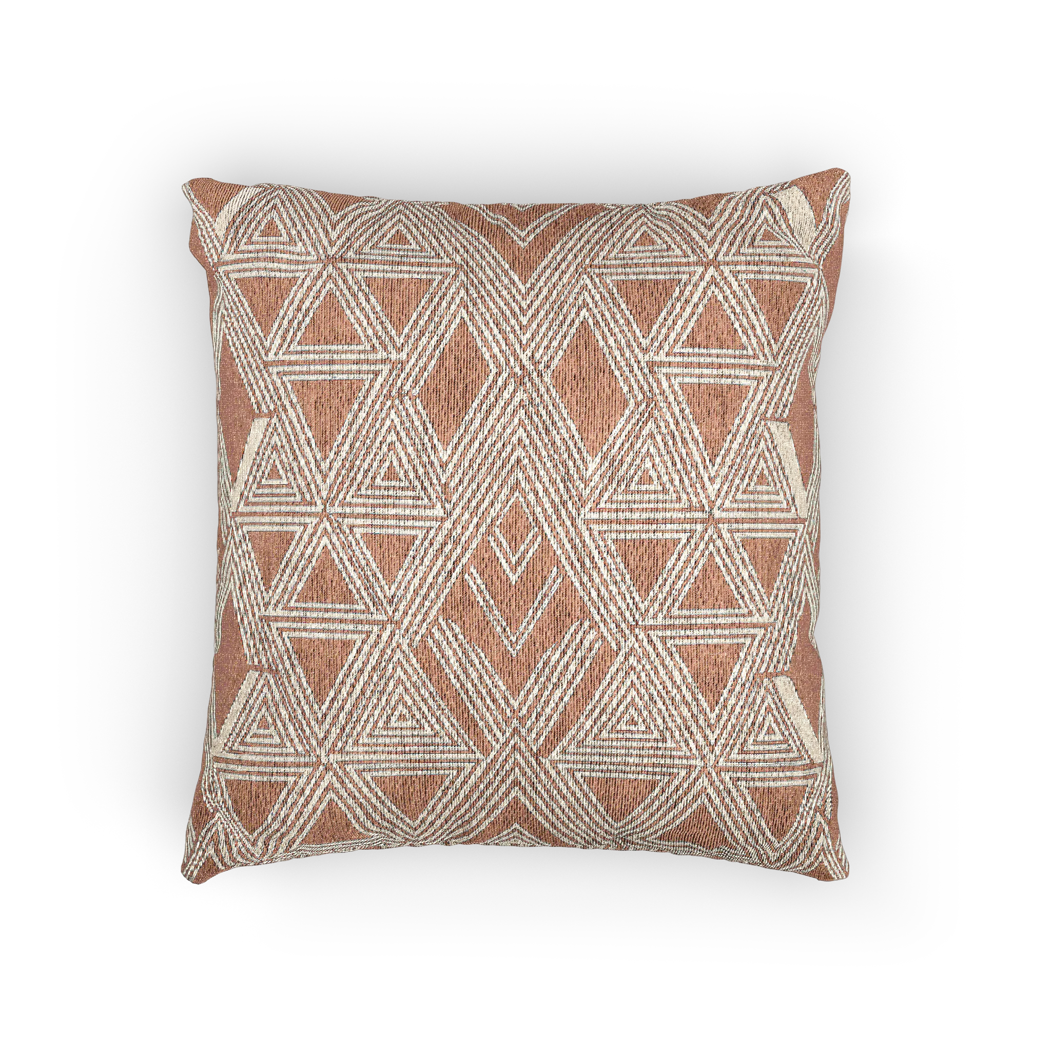 A back view of the Boho Salmon Red Geometric Woven Pillow showing a salmon background and ivory ikat geometric patterns. 