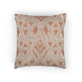A front view of the Boho Salmon Red Geometric Woven Pillow showing a salmon background and ivory ikat geometric patterns. 