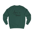 Bottle Green Love is Peace crewneck sweatshirt, handwritten Love is Peace graphic, crew neck, front view.