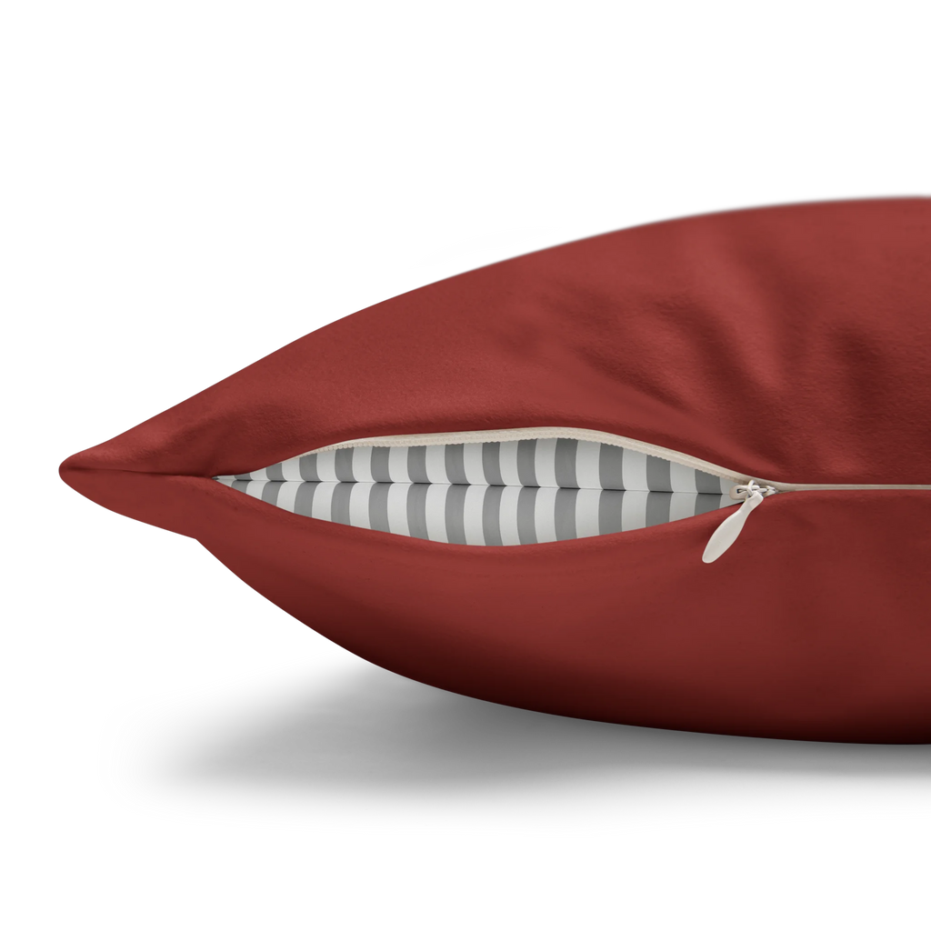 Brownish Red faux suede pillow case, zipper view.