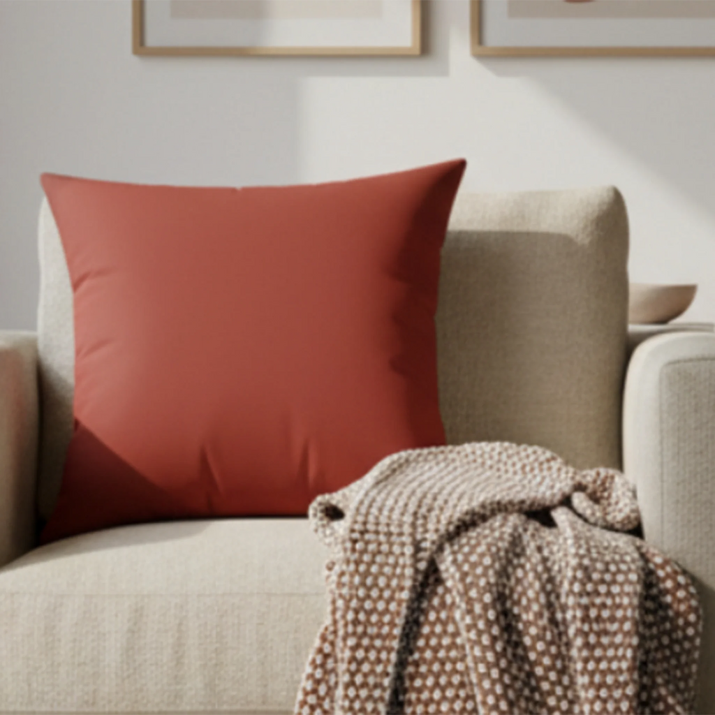 Brownish red faux suede throw pillow styled in living room, lifestyle view.