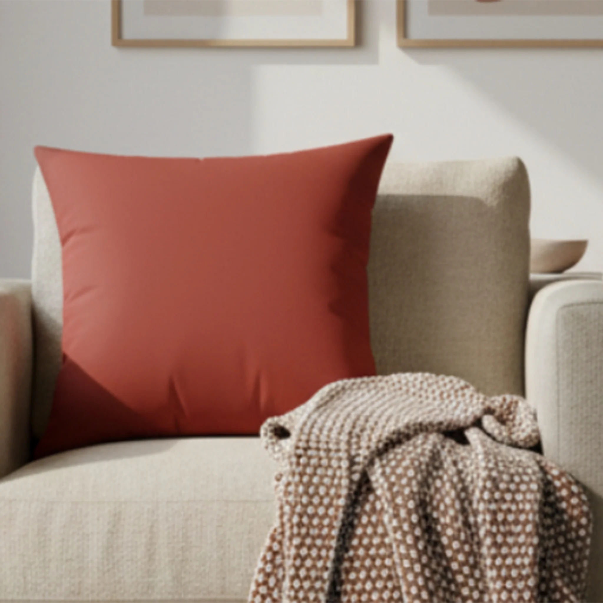 Brownish red faux suede throw pillow styled in living room, lifestyle view.