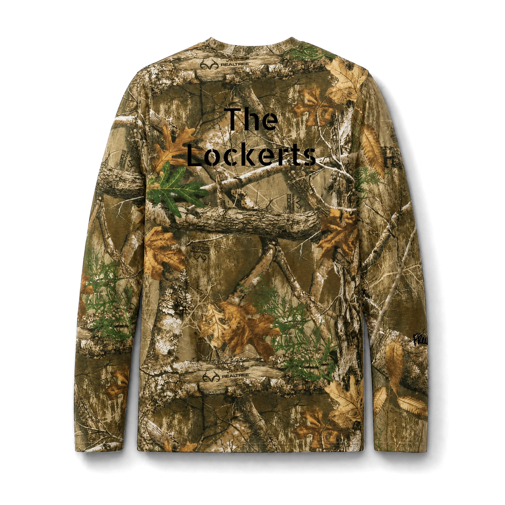 Realtree camo long sleeve tee with customizable text example reading 'The Lockerts' printed across the upper back, back view on form.