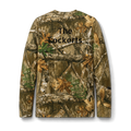 Realtree camo long sleeve tee with customizable text example reading 'The Lockerts' printed across the upper back, back view on form.