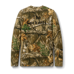 Realtree camo long sleeve tee with customizable text example reading 'The Lockerts' printed across the upper back, back view on form.