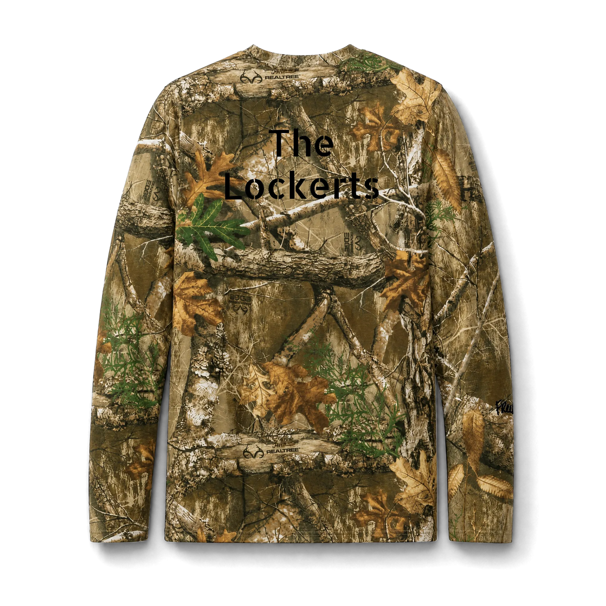 Realtree camo long sleeve tee with customizable text example reading 'The Lockerts' printed across the upper back, back view on form.