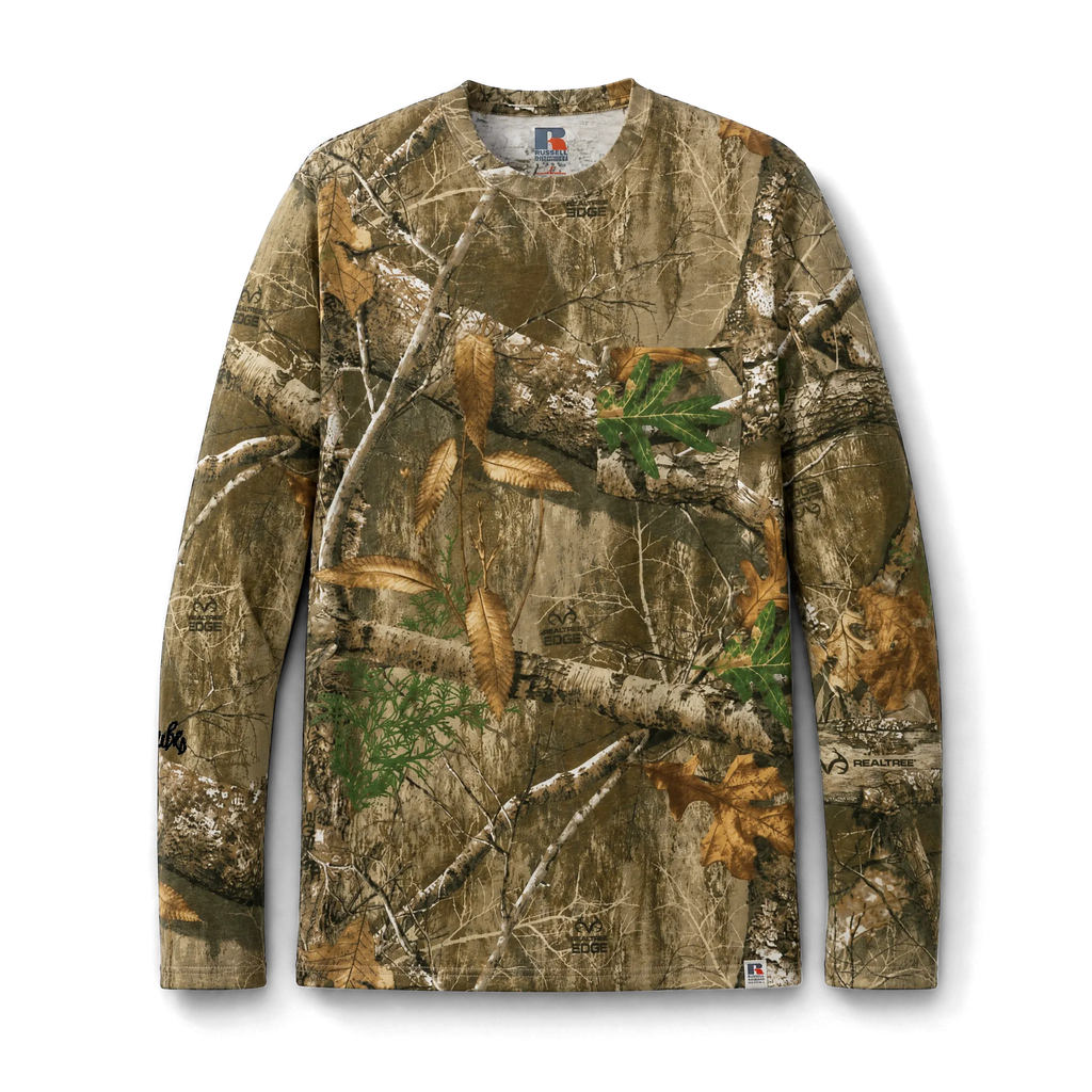 Realtree camo long sleeve tee with chest pocket, front view on form.