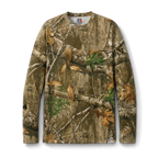 Realtree camo long sleeve tee with chest pocket, front view on form.