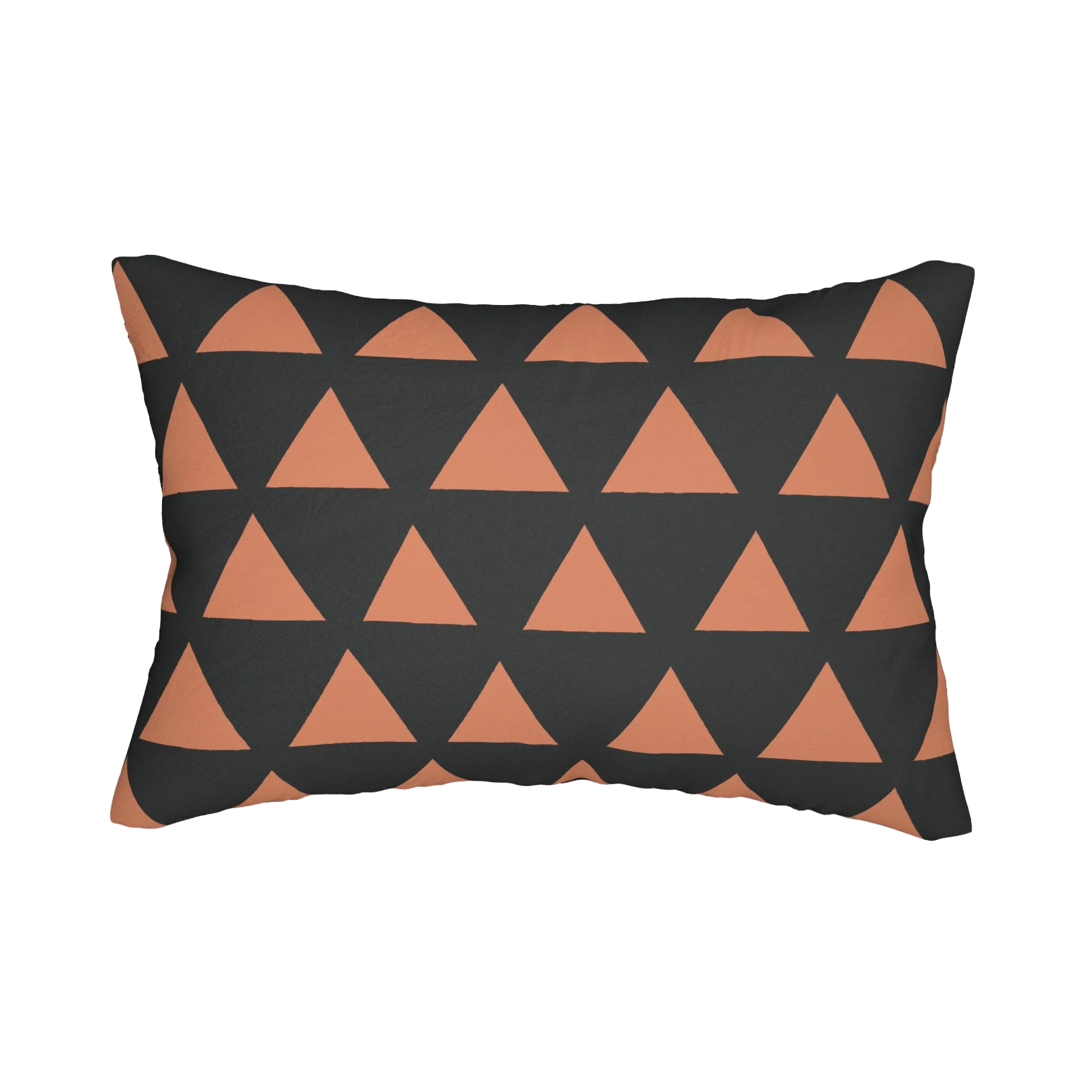 Carbon fiber boho rust geometric triangle lumbar pillow, back view.