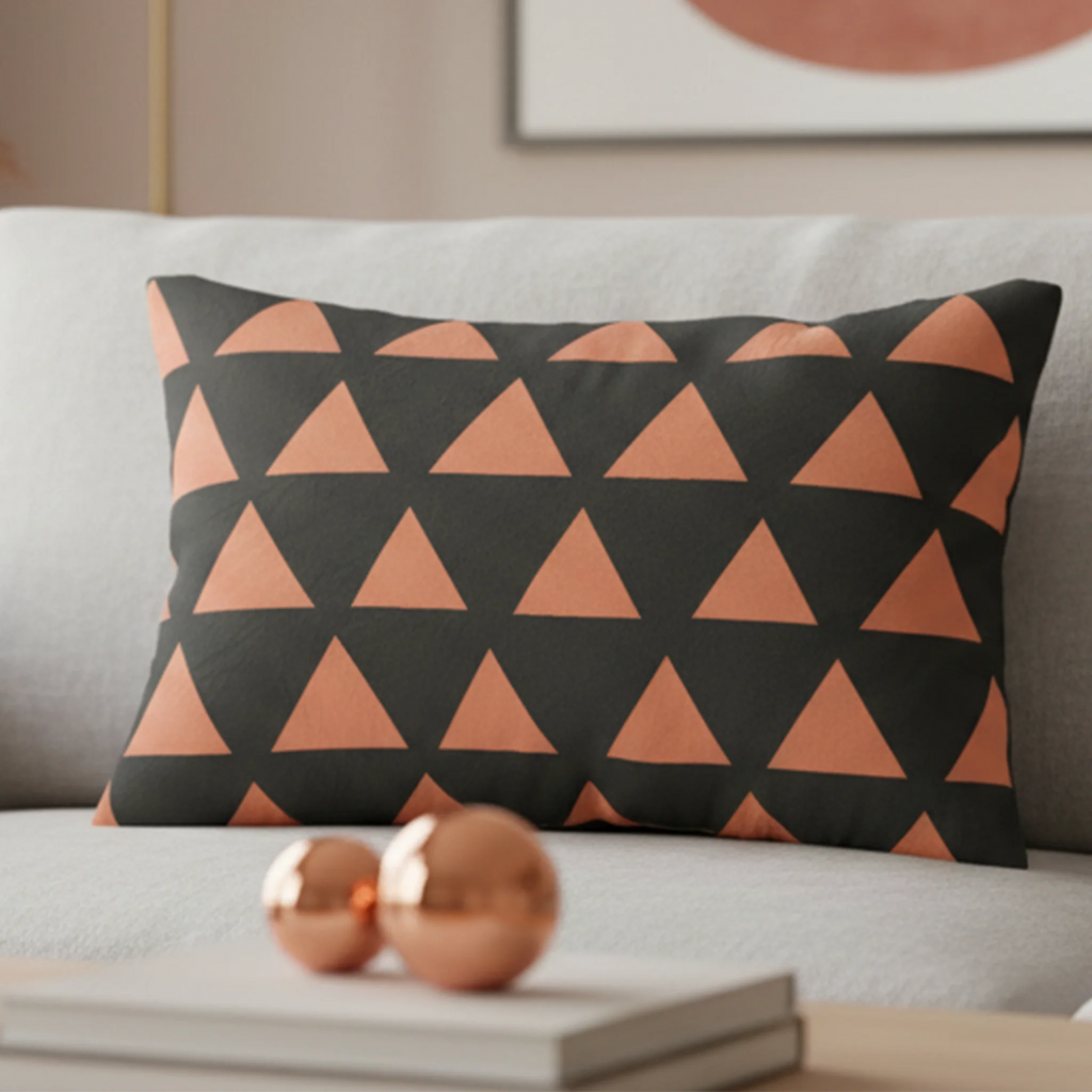 Carbon fiber boho rust geometric triangle lumbar pillow styled on a couch in a modern living room. 