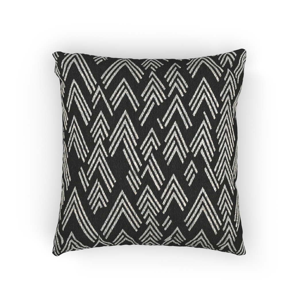 A back preview of the Carbon Fiber Ikat Modern Boho Woven Pillow showing a black carbon fiber background and ivory white chevron ikat styled lines.