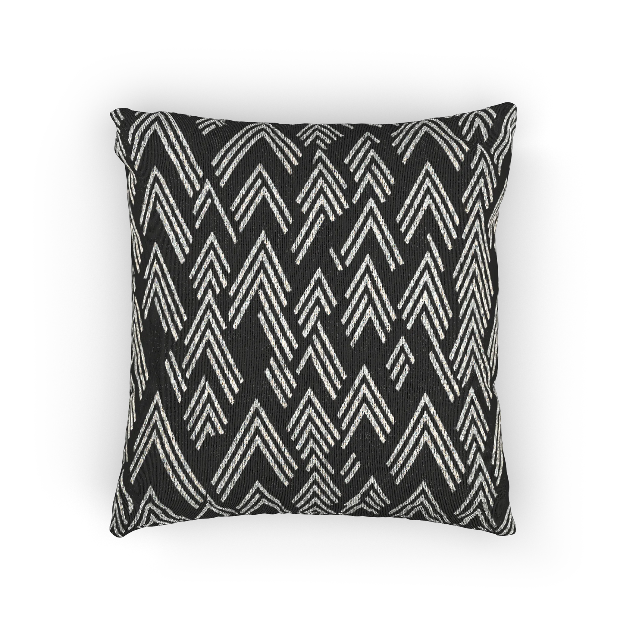 A back preview of the Carbon Fiber Ikat Modern Boho Woven Pillow showing a black carbon fiber background and ivory white chevron ikat styled lines.