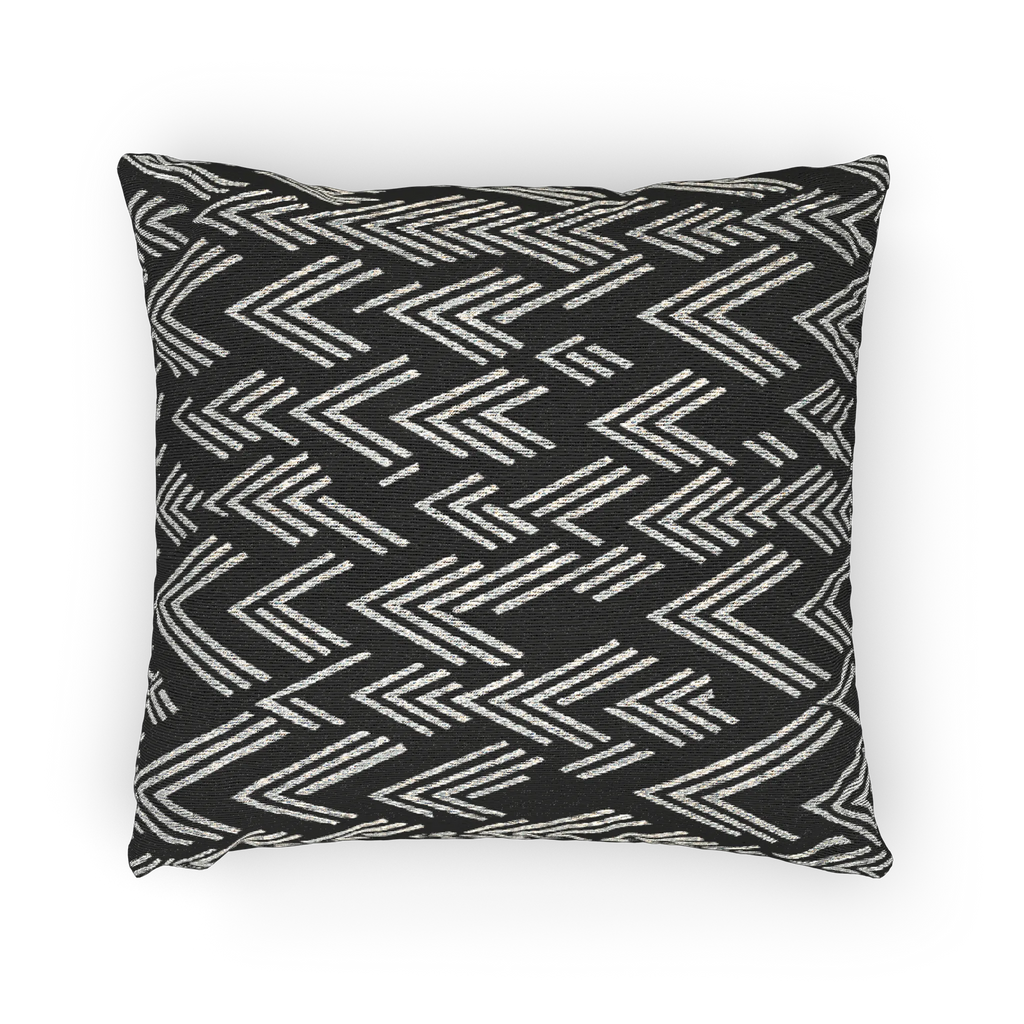 A horizontal preview of the Carbon Fiber Ikat Modern Boho Woven Pillow showing a black carbon fiber background and ivory white chevron ikat styled lines.