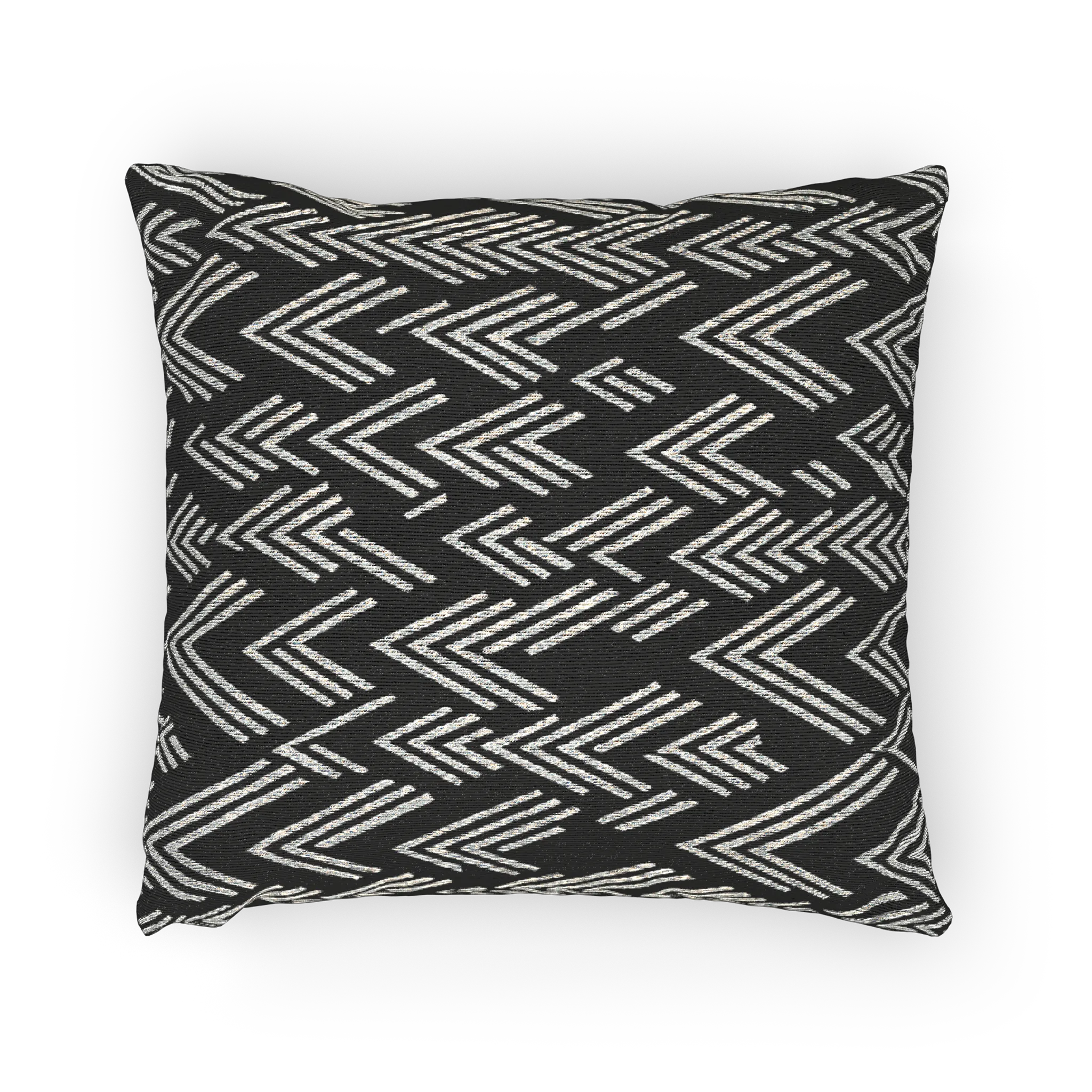 A horizontal preview of the Carbon Fiber Ikat Modern Boho Woven Pillow showing a black carbon fiber background and ivory white chevron ikat styled lines.