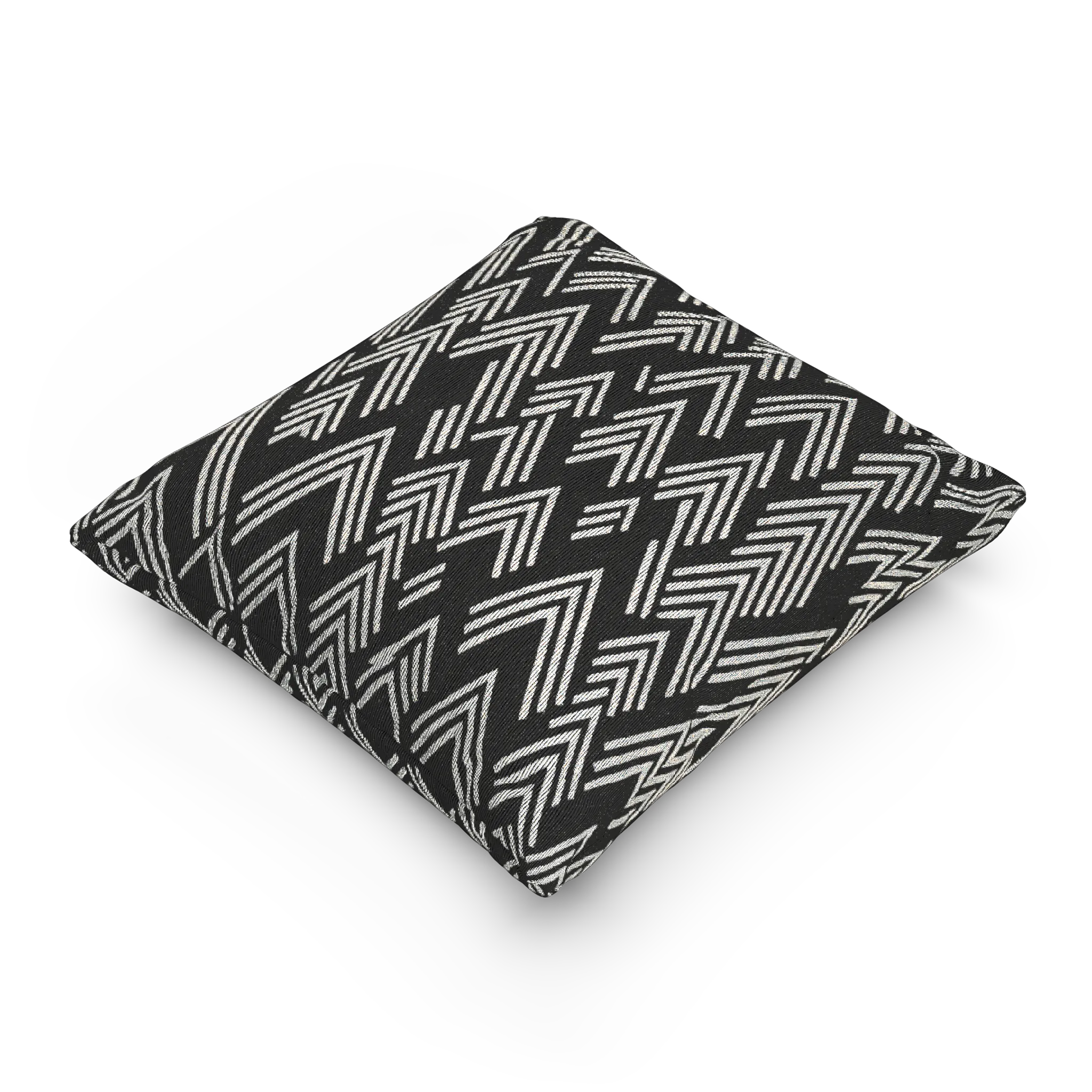 A side preview of the Carbon Fiber Ikat Modern Boho Woven Pillow showing a black carbon fiber background and ivory white chevron ikat styled lines.