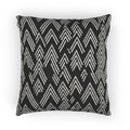A front preview of the Carbon Fiber Ikat Modern Boho Woven Pillow showing a black carbon fiber background and ivory white chevron ikat styled lines.