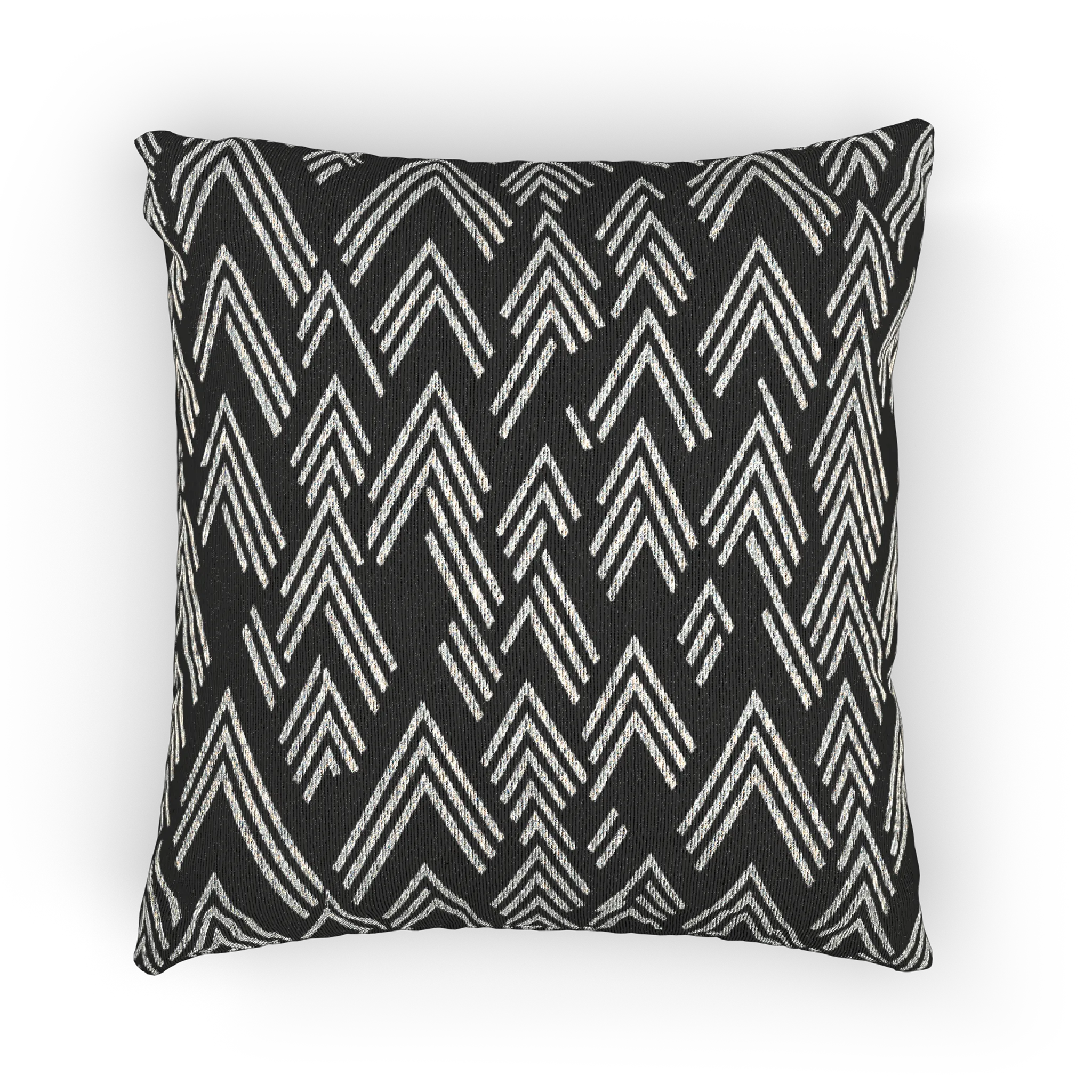 A front preview of the Carbon Fiber Ikat Modern Boho Woven Pillow showing a black carbon fiber background and ivory white chevron ikat styled lines.