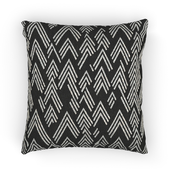 A front view of the Carbon Fiber Ikat Modern Boho Woven Pillow showing a black carbon fiber background and ivory white chevron ikat styled lines.
