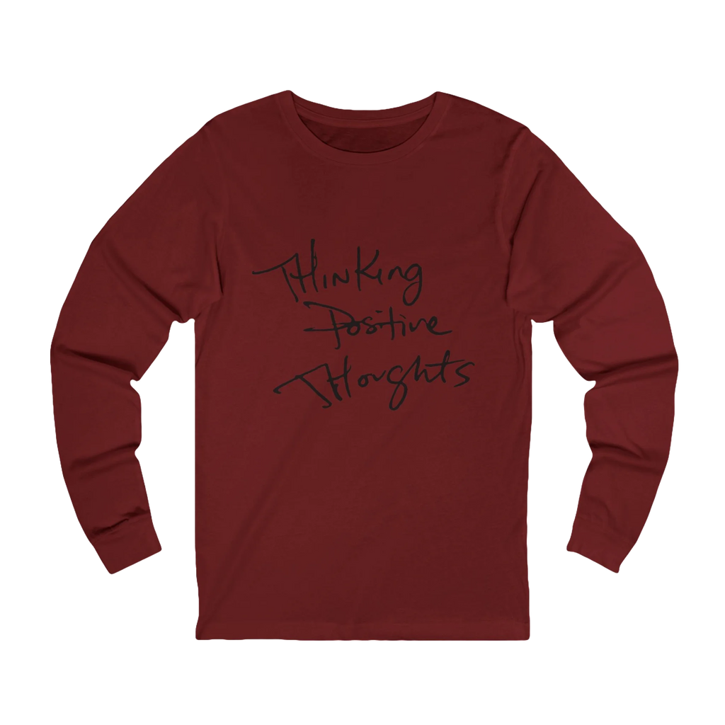 Cardinal Bella Thinking Positive Thoughts long sleeve tee, handwritten graphic, crew neck, front view.