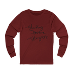 Cardinal Bella Thinking Positive Thoughts long sleeve tee, handwritten graphic, crew neck, front view.