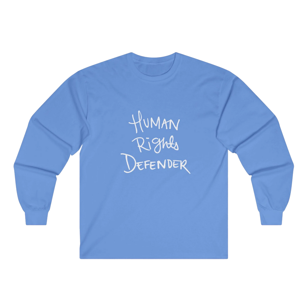 Carolina Blue Human Rights Defender long sleeve tee, front view.