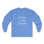 Carolina Blue Human Rights Defender long sleeve tee, front view.