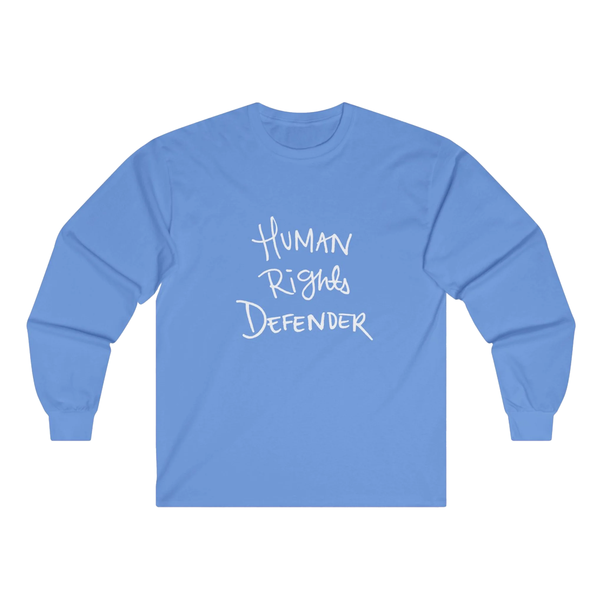 Carolina Blue Human Rights Defender long sleeve tee, front view.