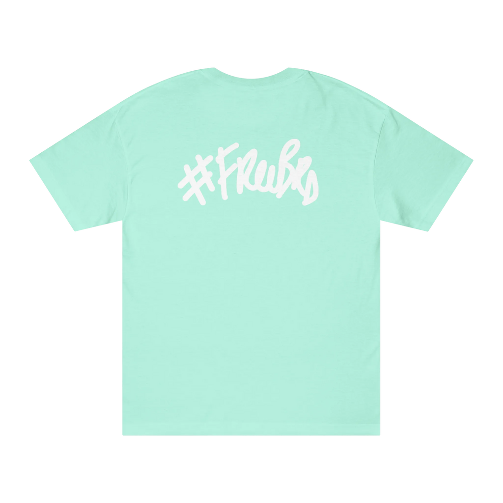A celadon t-shirt with a white hashtag Freebrd graffiti script graphic on the back.