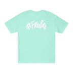 A celadon t-shirt with a white hashtag Freebrd graffiti script graphic on the back.