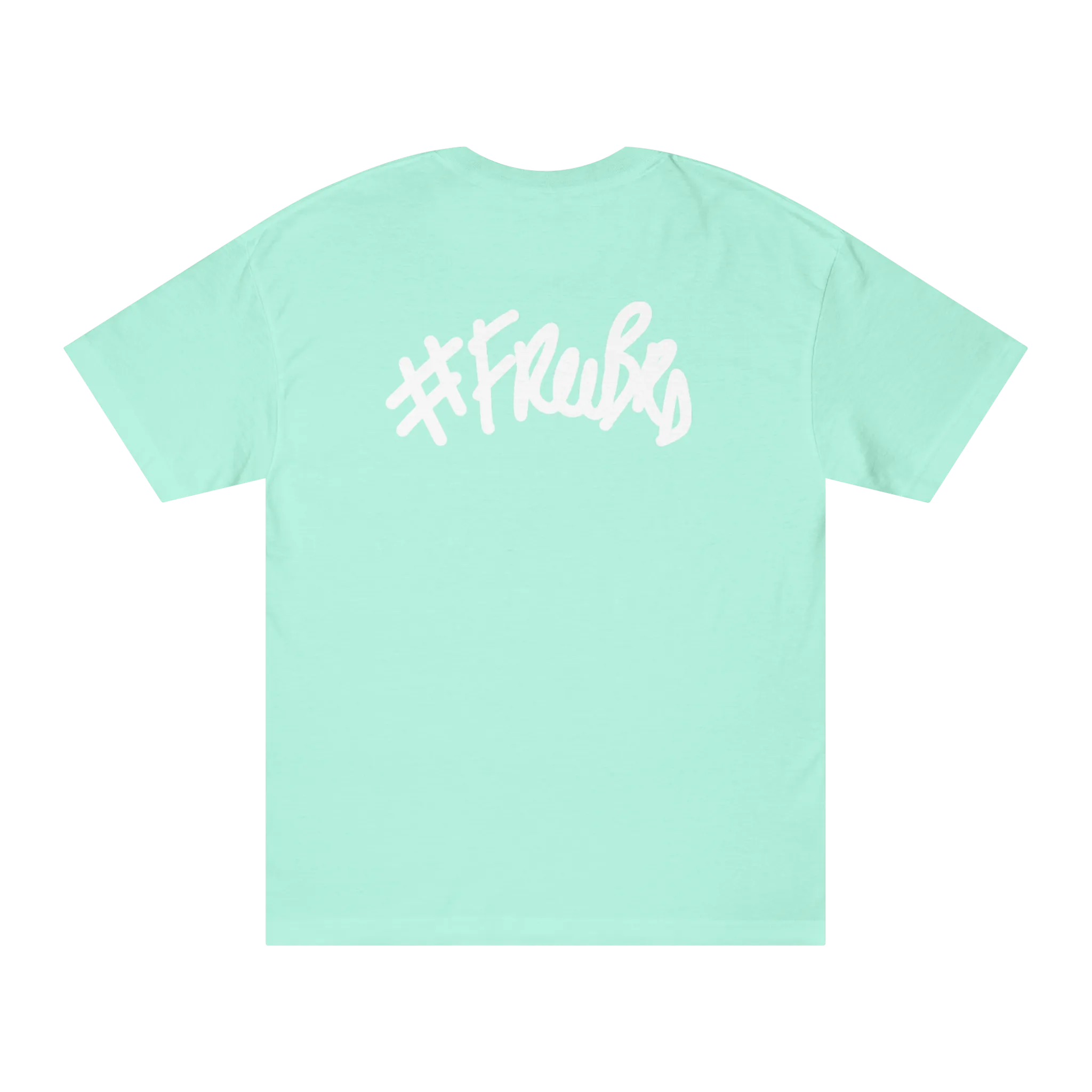 A celadon t-shirt with a white #Freebrd graffiti script graphic on the back.