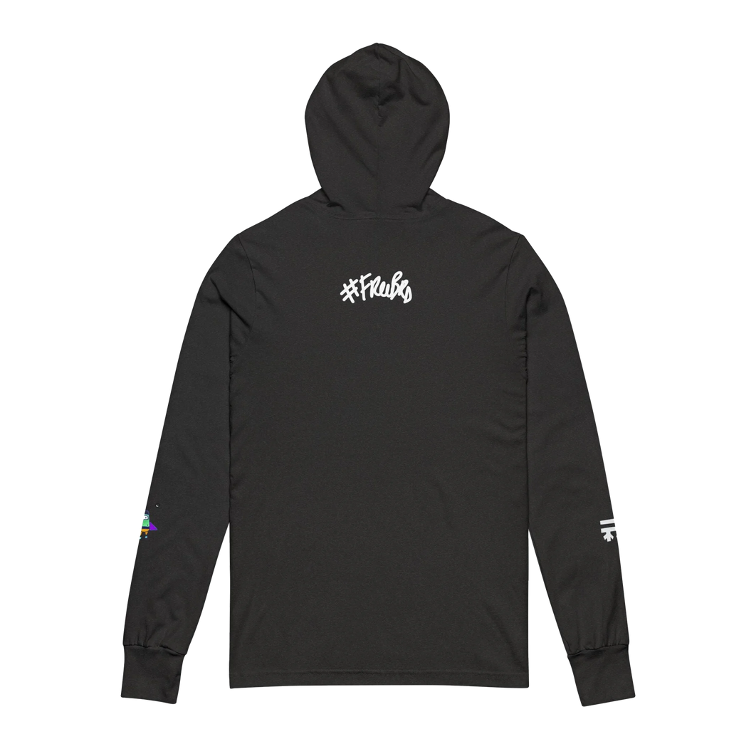 Charcoal Black hooded long sleeve tee, white FREEBRD script back graphic, space flight alien astronaut sleeve detail, back view.