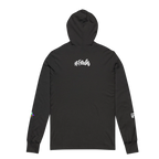 Charcoal Black hooded long sleeve tee, white FREEBRD script back graphic, space flight alien astronaut sleeve detail, back view.