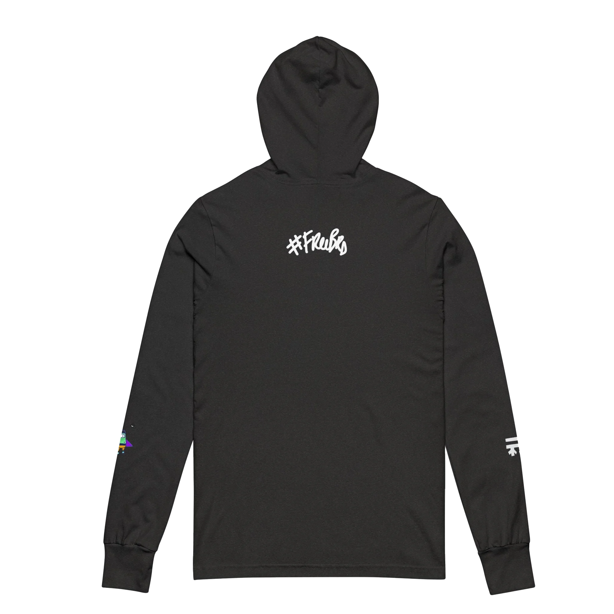 Charcoal Black hooded long sleeve tee, white FREEBRD script back graphic, space flight alien astronaut sleeve detail, back view.