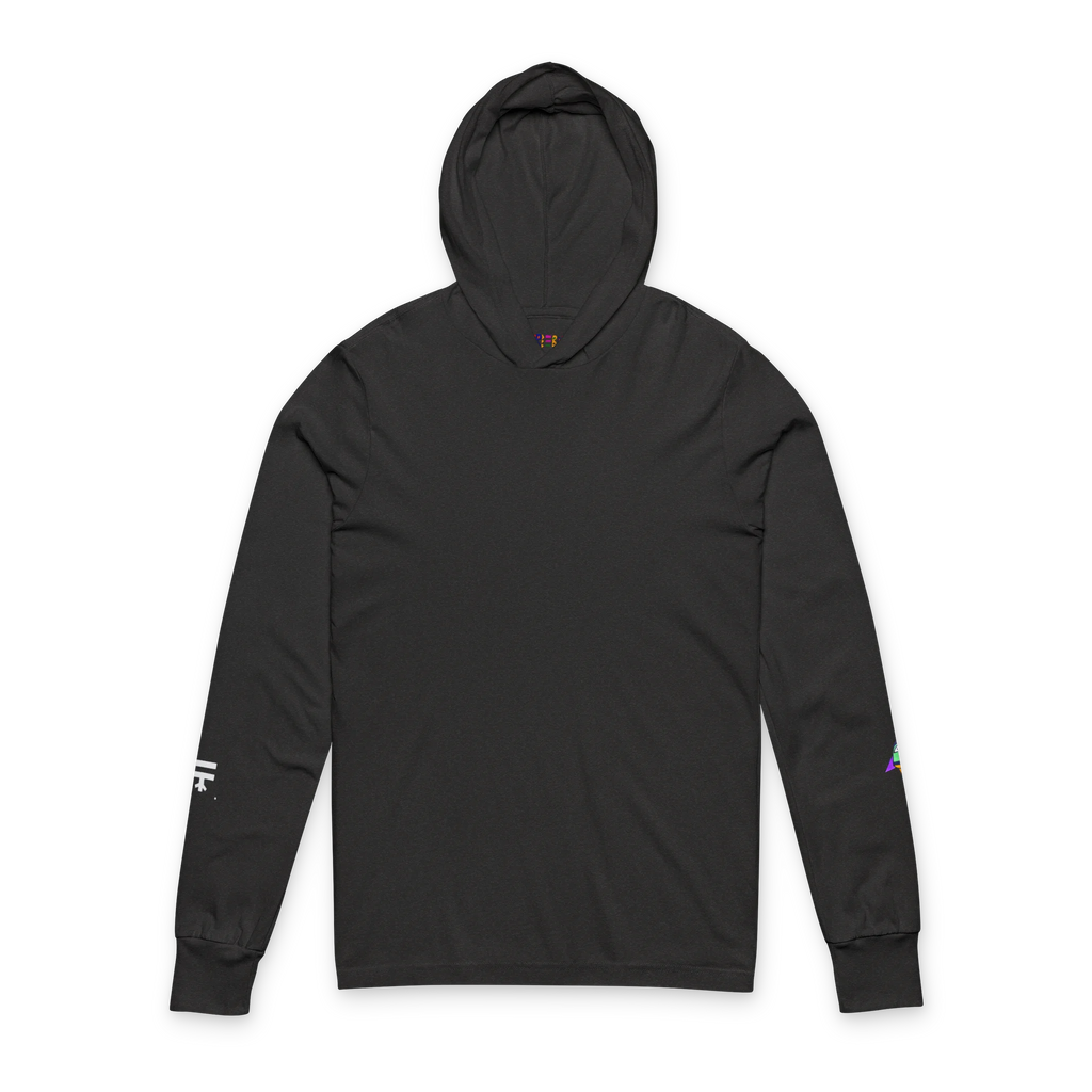 Charcoal Black hooded long sleeve tee, crossover V-neckline, space flight graphic on left sleeve, FREEBRD icon on right sleeve, front view.