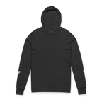 Charcoal Black hooded long sleeve tee, crossover V-neckline, space flight graphic on left sleeve, FREEBRD icon on right sleeve, front view.