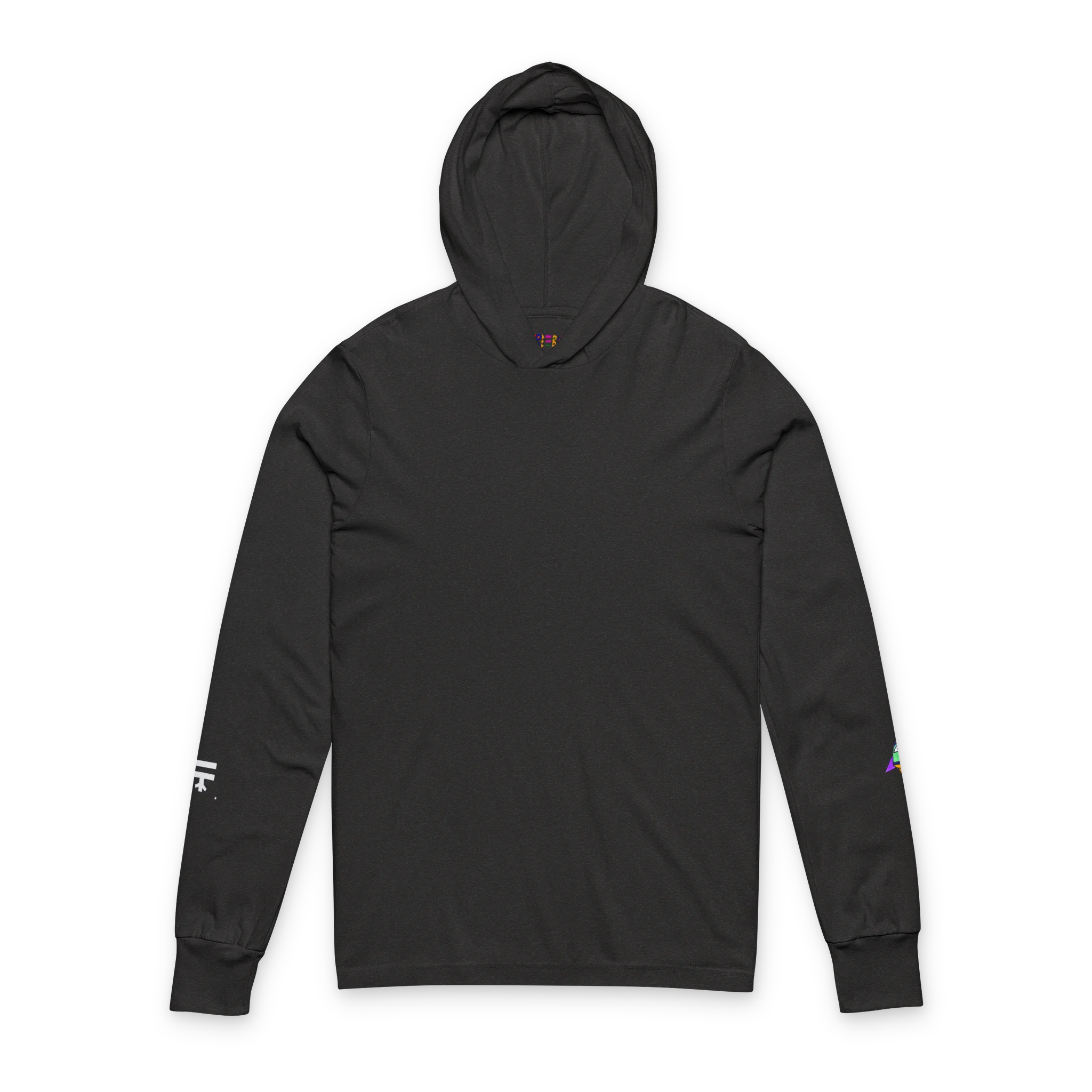 Charcoal Black hooded long sleeve tee, crossover V-neckline, space flight graphic on left sleeve, FREEBRD icon on right sleeve, front view.
