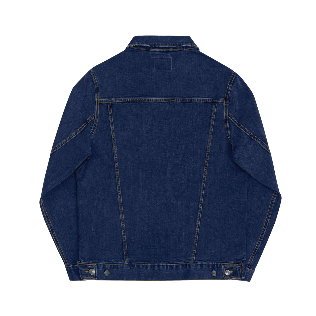 Classic Blue Jean Denim trucker jacket, embroidered logo sleeve, back view.