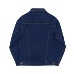 Classic Blue Jean Denim trucker jacket, embroidered logo sleeve, back view.