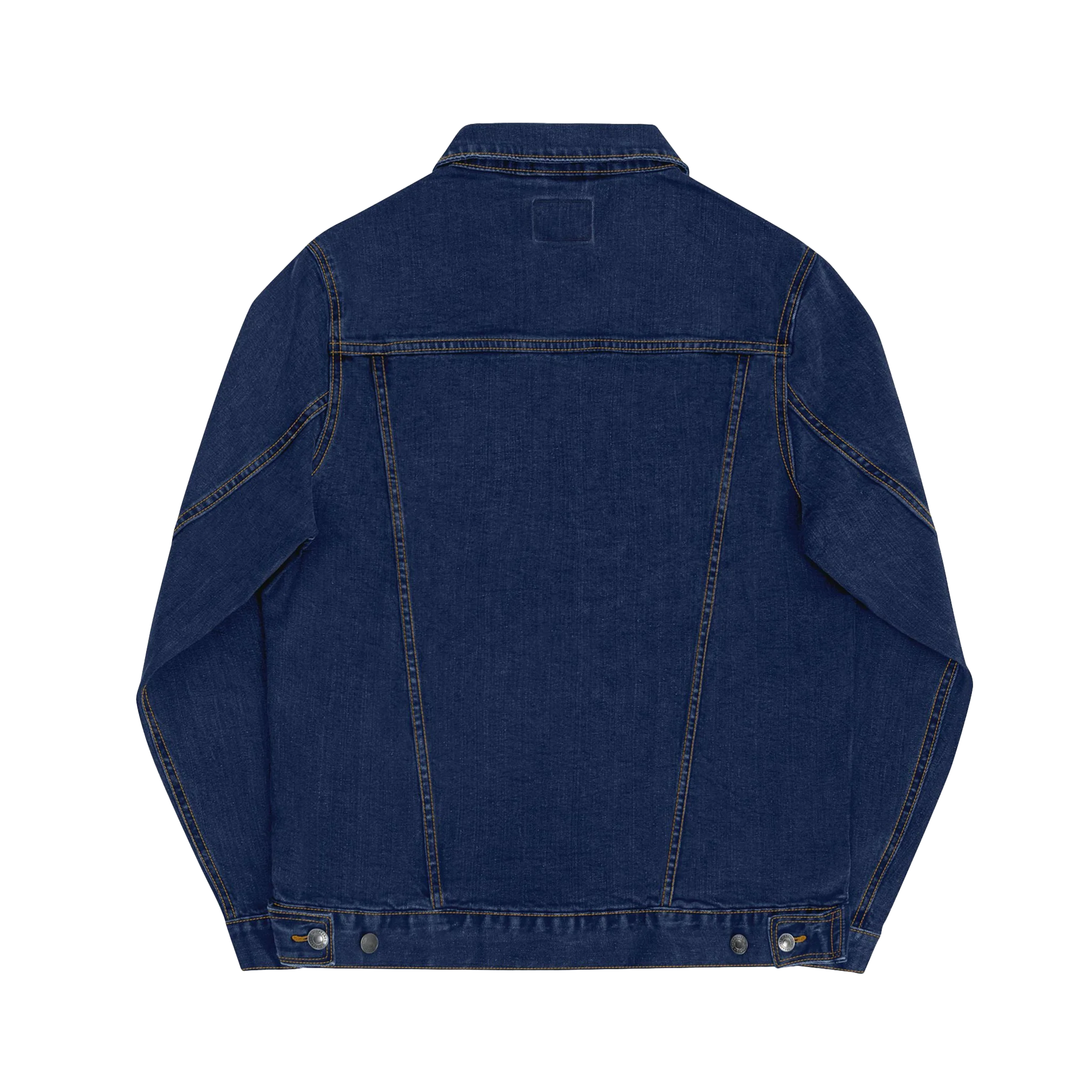 Classic Blue Jean Denim trucker jacket, embroidered logo sleeve, back view.