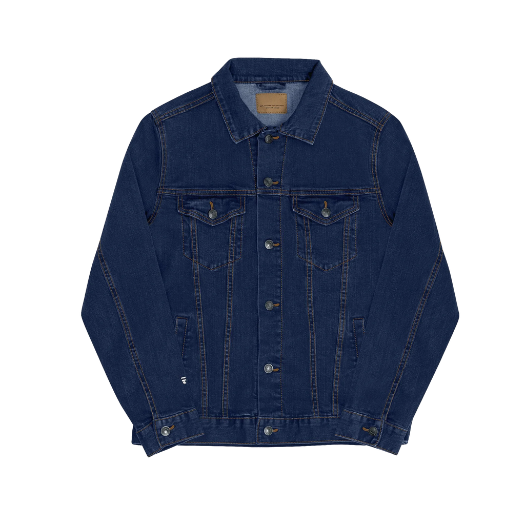Classic Blue Jean Denim trucker jacket, embroidered logo sleeve, front view.