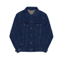 Classic Blue Jean denim trucker jacket, FREEBRD logo embroidered on right wrist sleeve, dual chest pockets, button-front closure, front view.