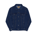 Classic Blue Jean Denim trucker jacket, embroidered logo sleeve, front view.