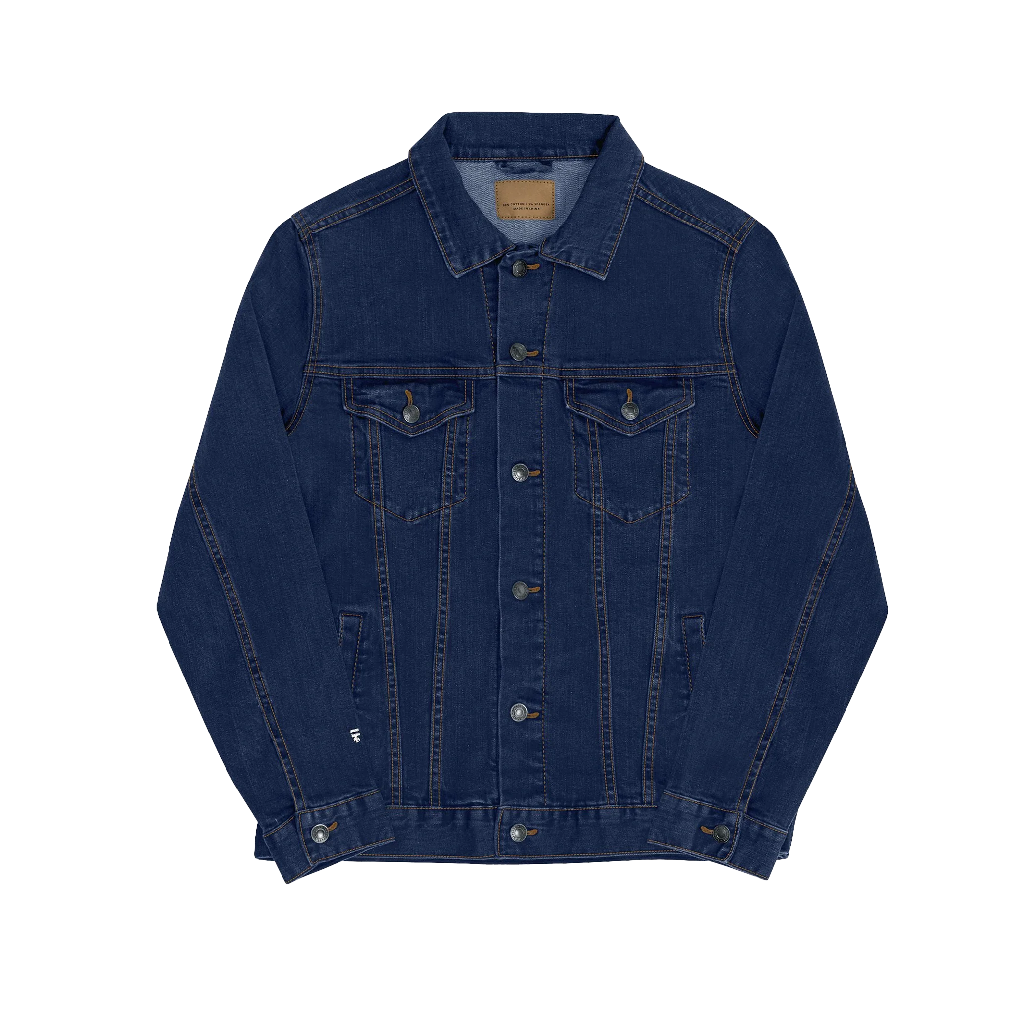 Classic Blue Jean Denim trucker jacket, embroidered logo sleeve, front view.