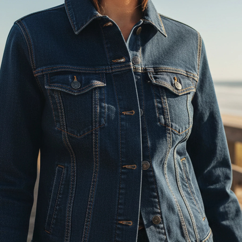 Classic Blue Jean Denim trucker jacket, embroidered logo sleeve, styled on a person at the beach, front view.